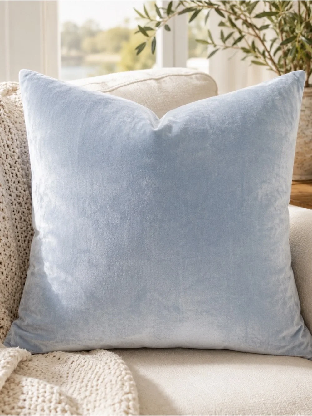 Crate & Barrel Brenner Light Blue Velvet Pillow Cover 20x20 Cotton